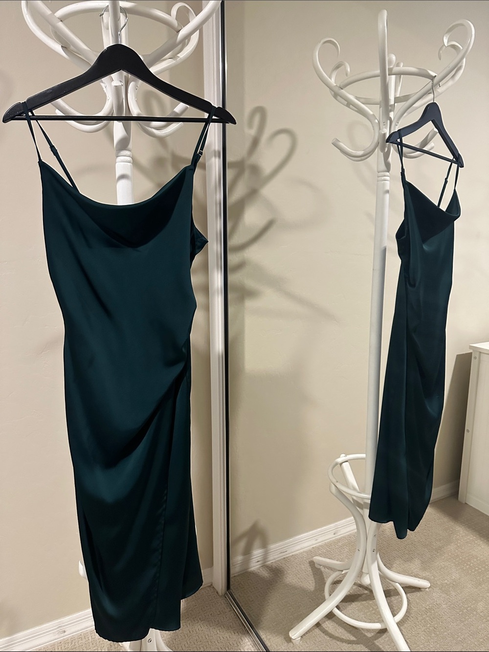 Satin Cowl-Neck Midi Slip Dress in Deep Green